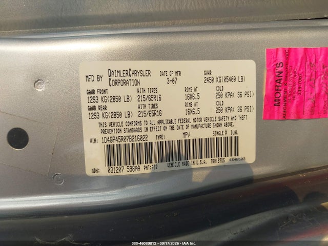 46089812 :رقم المزاد ، 1D4GP45R07B216022 vin ، 2007 Dodge Caravan Sxt مزاد بيع