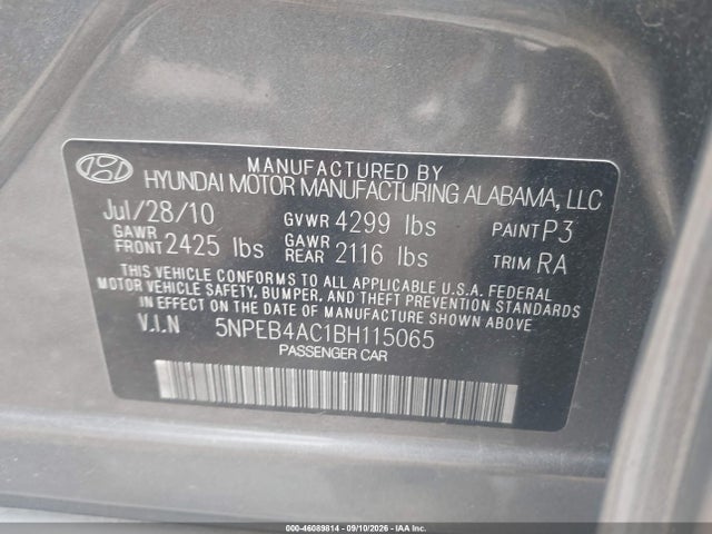 Aukcja sprzedaży 2011 Hyundai Sonata Gls, vin: 5NPEB4AC1BH115065, numer aukcji: 46089814