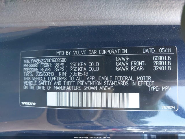 46089816 :رقم المزاد ، YV4952CZ0C1608580 vin ، 2012 Volvo Xc90 3.2/3.2 Platinum/3.2 Premier Plus مزاد بيع