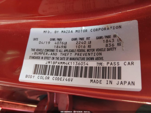 46089824 :رقم المزاد ، JM1BPAMM4K1136054 vin ، 2019 Mazda Mazda3 Preferred Package مزاد بيع