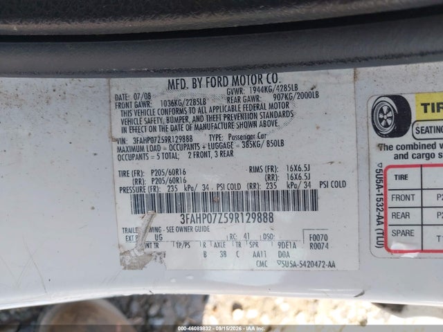 2009 Ford Fusion Se მანქანა იყიდება აუქციონზე, vin: 3FAHP07Z59R129888, აუქციონის ნომერი: 46089832