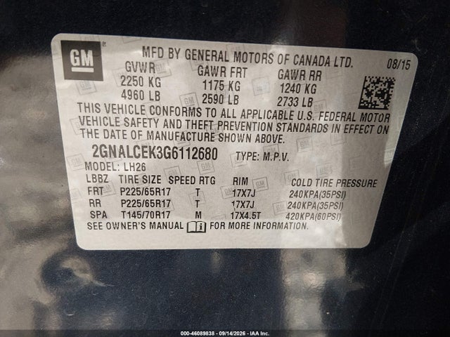 Aukcja sprzedaży 2016 Chevrolet Equinox Lt, vin: 2GNALCEK3G6112680, numer aukcji: 46089838