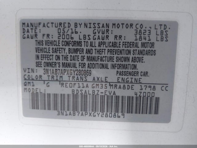 2016 Nissan Sentra S მანქანა იყიდება აუქციონზე, vin: 3N1AB7APXGY280869, აუქციონის ნომერი: 46089844