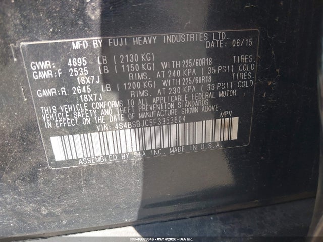 2015 Subaru Outback 2.5i Limited მანქანა იყიდება აუქციონზე, vin: 4S4BSBJC5F3353604, აუქციონის ნომერი: 46089846