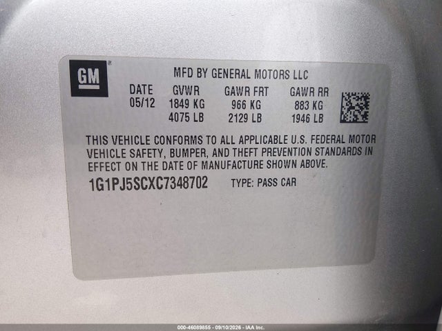 Продаж на аукціоні авто 2012 Chevrolet Cruze Eco, vin: 1G1PJ5SCXC7348702, номер лоту: 46089855