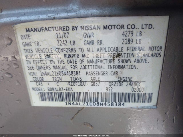 Продаж на аукціоні авто 2008 Nissan Altima 2.5 S, vin: 1N4AL21E08N458384, номер лоту: 46089865