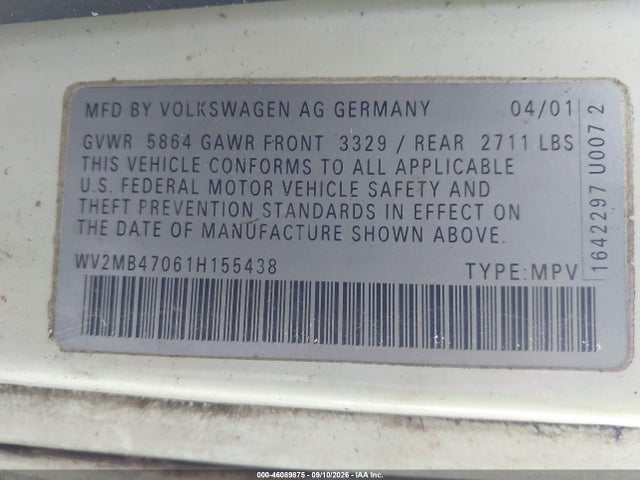 Aukcja sprzedaży 2001 Volkswagen Eurovan Mv, vin: WV2MB47061H155438, numer aukcji: 46089875