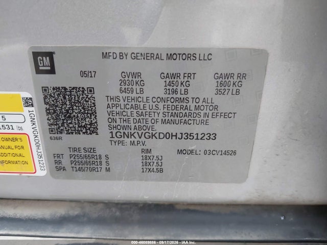 46089886 :رقم المزاد ، 1GNKVGKD0HJ351233 vin ، 2017 Chevrolet Traverse 1lt مزاد بيع