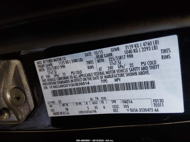 1FMCU9GX1GUB39514 Ford ESCAPE SE