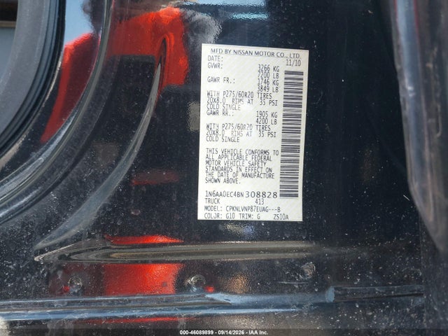 2011 Nissan Titan Sl მანქანა იყიდება აუქციონზე, vin: 1N6AA0EC4BN308828, აუქციონის ნომერი: 46089899