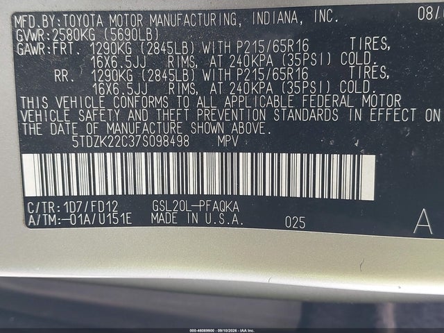 46089900 :رقم المزاد ، 5TDZK22C37S098498 vin ، 2007 Toyota Sienna Xle مزاد بيع
