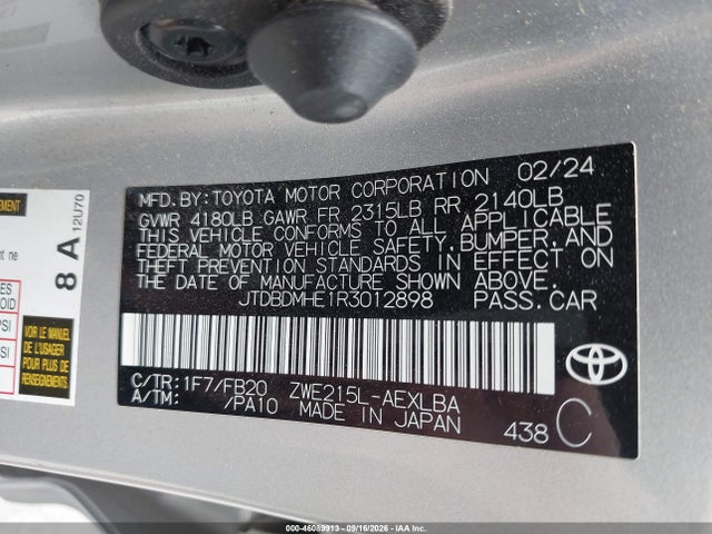 46089913 :رقم المزاد ، JTDBDMHE1R3012898 vin ، 2024 Toyota Corolla Hybrid Le مزاد بيع