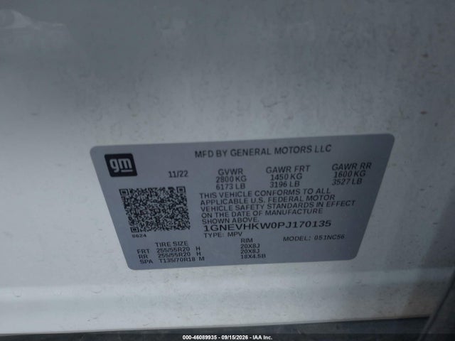 Aukcja sprzedaży 2023 Chevrolet Traverse Awd Lt Leather, vin: 1GNEVHKW0PJ170135, numer aukcji: 46089935