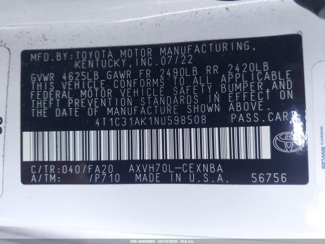 4T1C31AK1NU598508 Toyota Camry Le Hybrid