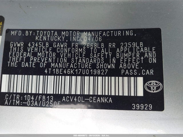 Aukcja sprzedaży 2007 Toyota Camry Le, vin: 4T1BE46K17U019827, numer aukcji: 46089973