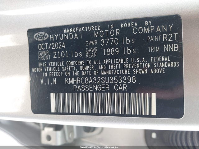 46089978 :رقم المزاد ، KMHRC8A32SU353398 vin ، 2025 Hyundai Venue Sel مزاد بيع