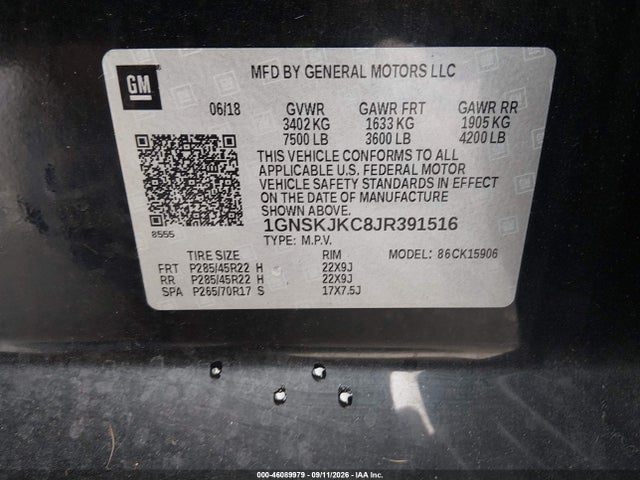 Продаж на аукціоні авто 2018 Chevrolet Suburban Premier, vin: 1GNSKJKC8JR391516, номер лоту: 46089979