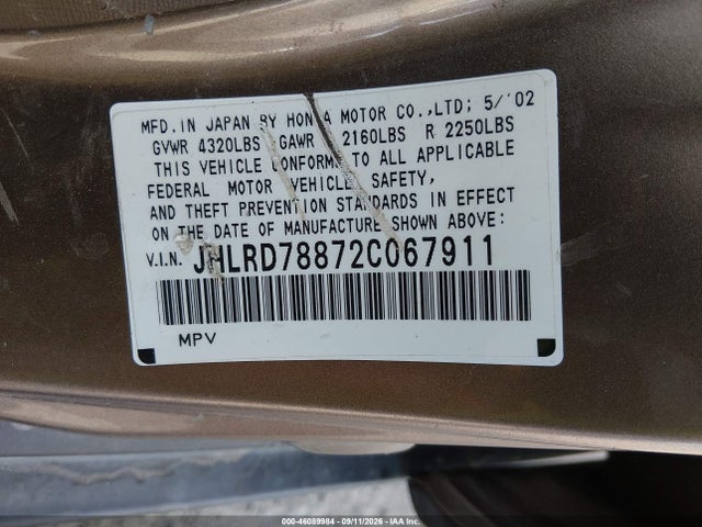 46089984 :رقم المزاد ، JHLRD78872C067911 vin ، 2002 Honda Cr-v Ex مزاد بيع