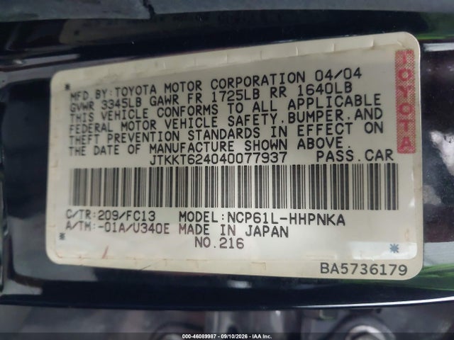 46089987 :رقم المزاد ، JTKKT624040077937 vin ، 2004 Scion Xa مزاد بيع