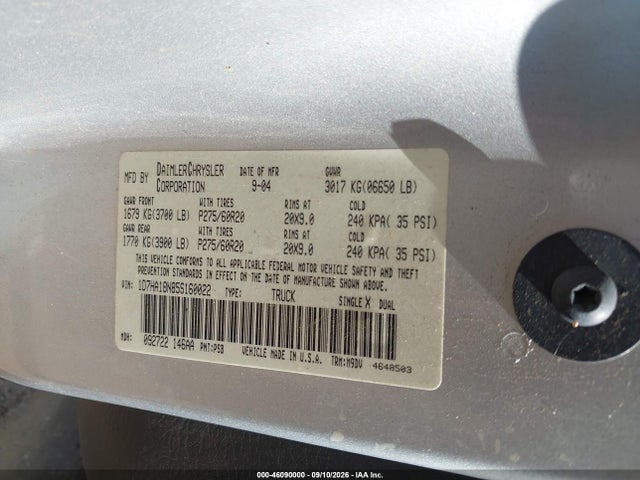 Продажа на аукционе авто 2005 Dodge Ram 1500 Slt/laramie, vin: 1D7HA18N85S160022, номер лота: 46090000