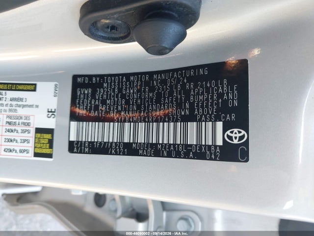 Auction sale of the 2024 Toyota Corolla Le, vin: 5YFB4MDE4RP174375, lot number: 46090002