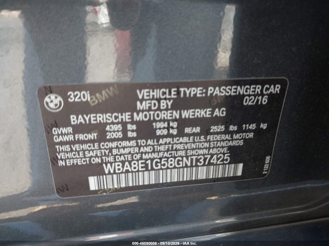 BMW 320i 2016 WBA8E1G58GNT37425 Image 9