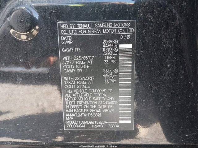 2017 Nissan Rogue Sv მანქანა იყიდება აუქციონზე, vin: KNMAT2MTXHP513321, აუქციონის ნომერი: 46090009