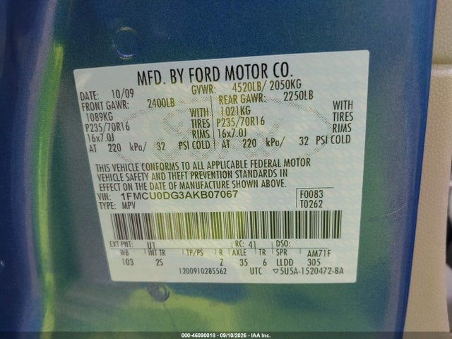 Продаж на аукціоні авто 2010 Ford Escape Xlt, vin: 1FMCU0DG3AKB07067, номер лоту: 46090018