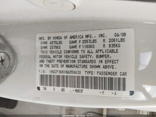 Продаж на аукціоні авто 2008 Honda Accord 3.5 Ex-l, vin: 1HGCP36818A059430, номер лоту: 46090025