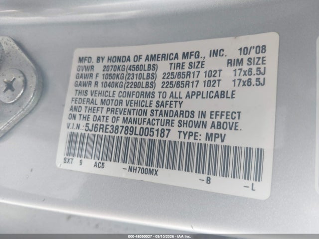 2009 Honda Cr-v Ex-l მანქანა იყიდება აუქციონზე, vin: 5J6RE38789L005187, აუქციონის ნომერი: 46090027