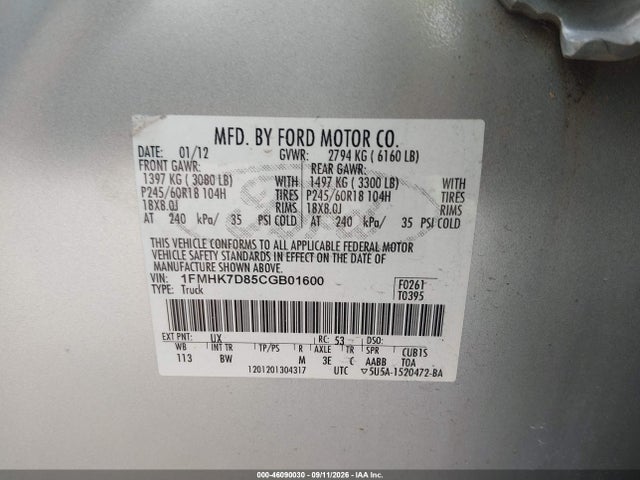 46090030 :رقم المزاد ، 1FMHK7D85CGB01600 vin ، 2012 Ford Explorer Xlt مزاد بيع