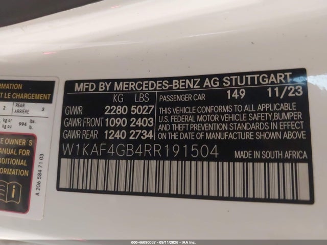 Aukcja sprzedaży 2024 Mercedes-benz C 300, vin: W1KAF4GB4RR191504, numer aukcji: 46090037
