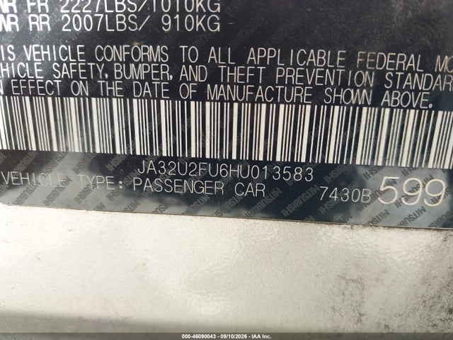 2017 Mitsubishi Lancer Es მანქანა იყიდება აუქციონზე, vin: JA32U2FU6HU013583, აუქციონის ნომერი: 46090043