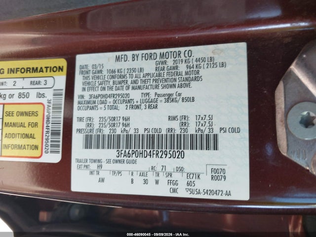 Ford FUSION SE 2015 3FA6P0HD4FR295020 Image 9