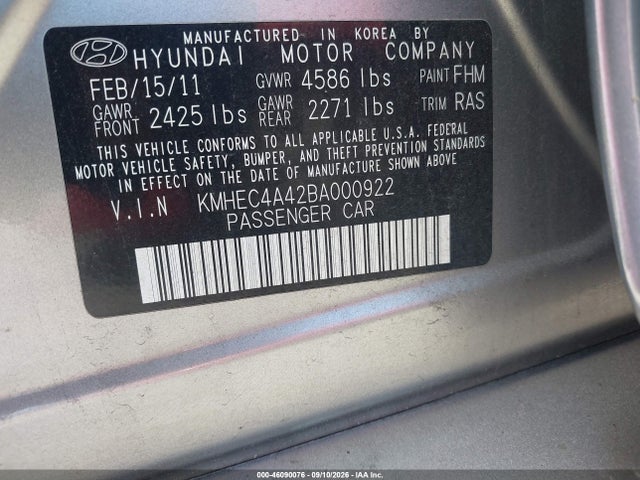 Aukcja sprzedaży 2011 Hyundai Sonata Hybrid, vin: KMHEC4A42BA000922, numer aukcji: 46090076