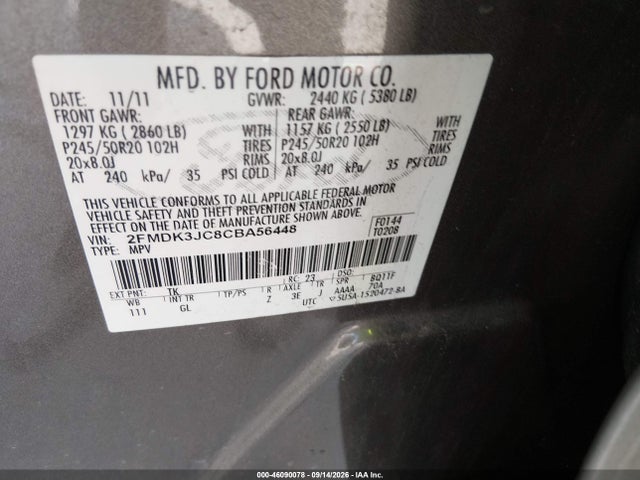 2012 Ford Edge Sel მანქანა იყიდება აუქციონზე, vin: 2FMDK3JC8CBA56448, აუქციონის ნომერი: 46090078