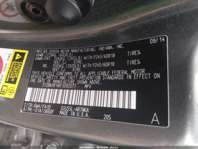 46090081 :رقم المزاد ، 5TDBKRFH6FS092077 vin ، 2015 Toyota Highlander Le Plus V6 مزاد بيع