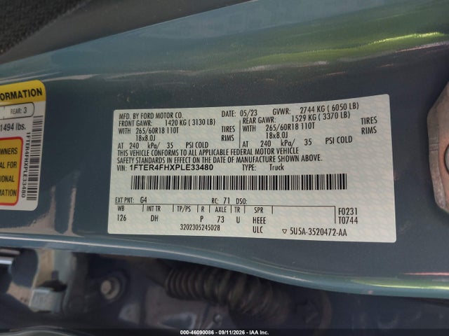 46090086 :رقم المزاد ، 1FTER4FHXPLE33480 vin ، 2023 Ford Ranger Lariat مزاد بيع