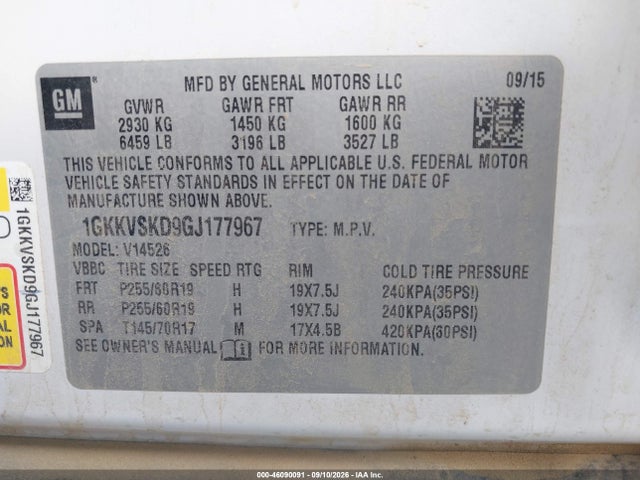 Продаж на аукціоні авто 2016 Gmc Acadia Slt-2, vin: 1GKKVSKD9GJ177967, номер лоту: 46090091