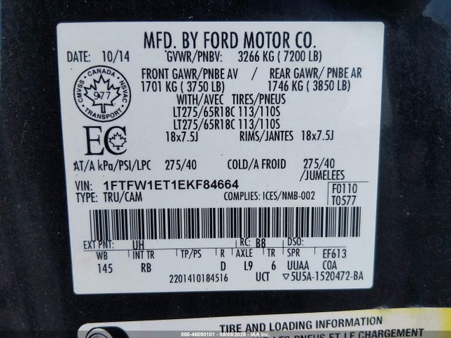 46090101 :رقم المزاد ، 1FTFW1ET1EKF84664 vin ، 2014 Ford F-150 Fx4 مزاد بيع