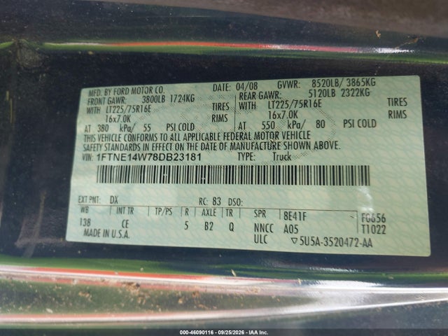 Продажа на аукционе авто 2008 Ford E-150 Commercial/recreational, vin: 1FTNE14W78DB23181, номер лота: 46090116