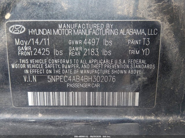 Продаж на аукціоні авто 2011 Hyundai Sonata Limited 2.0t, vin: 5NPEC4AB4BH302076, номер лоту: 46090132