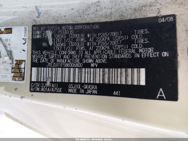 46090133 :رقم المزاد ، JTEZU11F58K006800 vin ، 2008 Toyota Fj Cruiser مزاد بيع