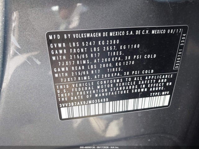 46090136 :رقم المزاد ، 3VV3B7AX9JM035499 vin ، 2018 Volkswagen Tiguan 2.0t Se/2.0t Sel مزاد بيع