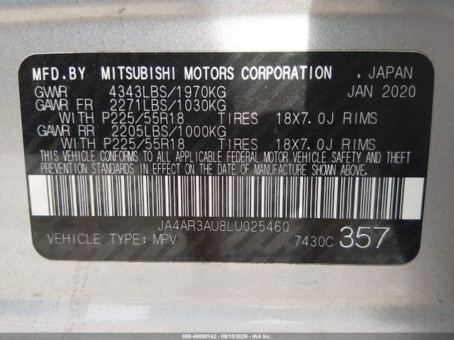 Aukcja sprzedaży 2020 Mitsubishi Outlander Sport 2.0 Se Awc, vin: JA4AR3AU8LU025460, numer aukcji: 46090142
