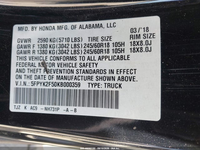 Honda Ridgeline Rtl 2019 5FPYK2F50KB000359 Image 9