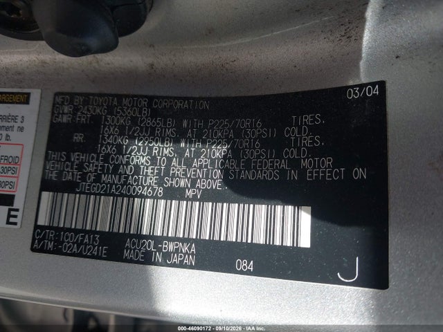 Aukcja sprzedaży 2004 Toyota Highlander, vin: JTEGD21A240094678, numer aukcji: 46090172