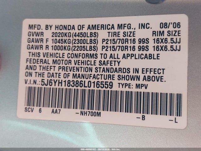 2006 Honda Element Lx მანქანა იყიდება აუქციონზე, vin: 5J6YH18386L016559, აუქციონის ნომერი: 46090182
