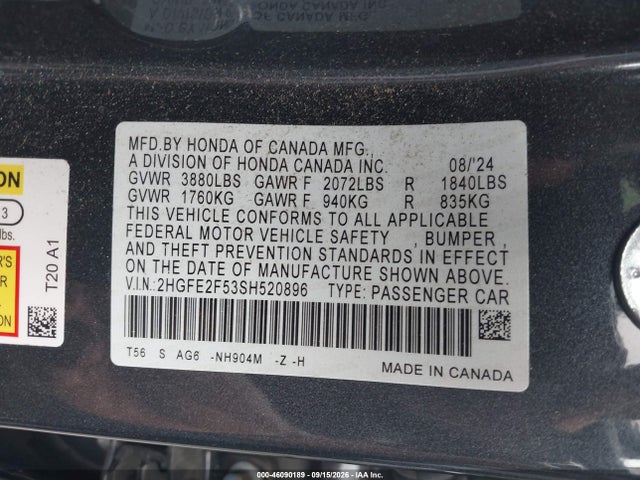 2HGFE2F53SH520896 Honda Civic Sport