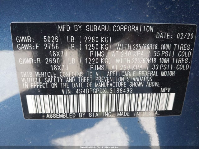 Aukcja sprzedaży 2020 Subaru Outback Touring Xt, vin: 4S4BTGPDXL3188493, numer aukcji: 46090195